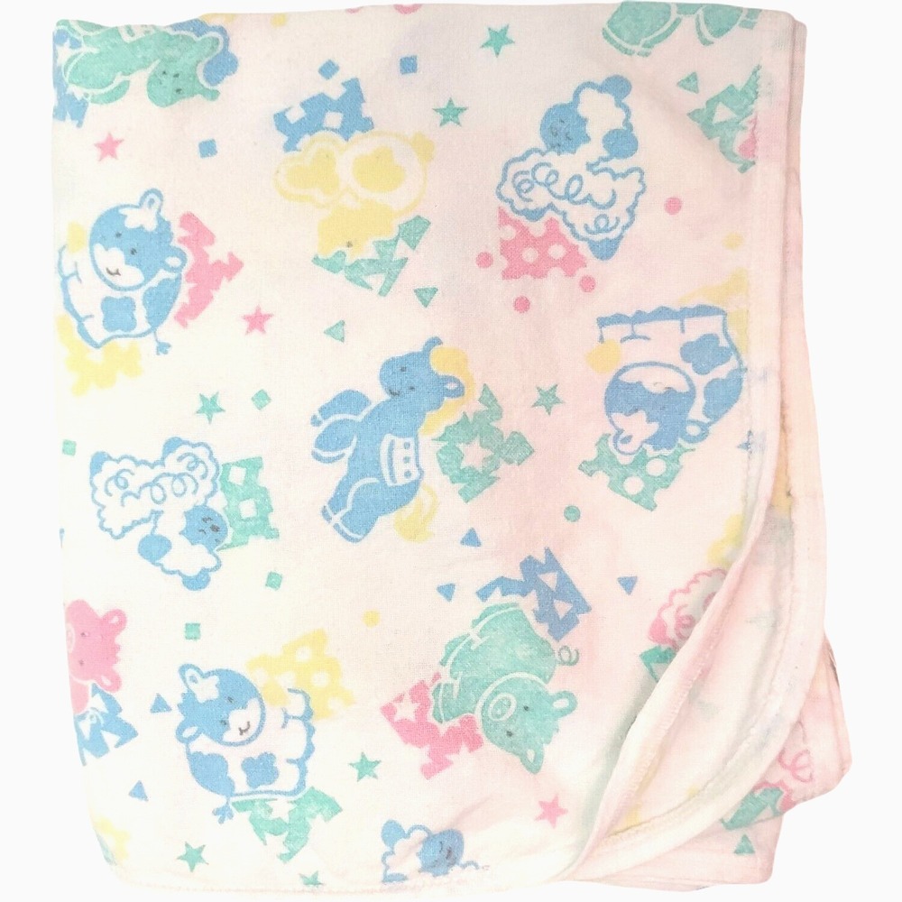 Vtg Baby Oneita Unisex Cotton Blanket Stars Cow Horse Lamb Pastel Pig Animals